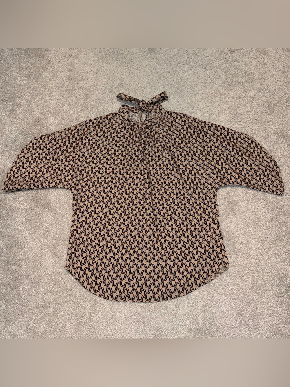 Geometric Tie-Neck Blouse in Beige and Black